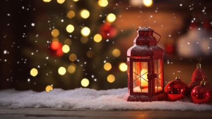 Christmas lantern on snow with frozen fir branch in light. AI generated