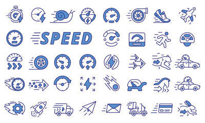 Speed icons set in line design blue. Fast, Speedometer, Rapid, Quick, Slow, Low speed, Run, Velocity, Turbo, Arrows, Quickness, High speed vector illustrations. Editable stroke icons. © Bezvershenko