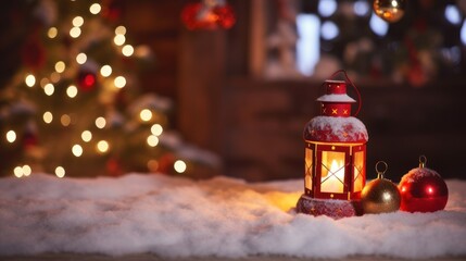 Christmas lantern on snow with frozen fir branch in light. AI generated