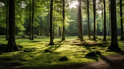 A tranquil forest glade with sunlight filtering through