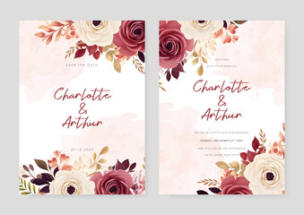 Beige and red poppy floral wedding invitation card template set with flowers frame decoration