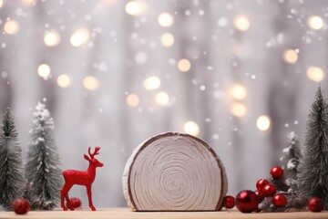 Christmas decoration background on the wooden stump with reindeer trees and snowflakes. AI generated