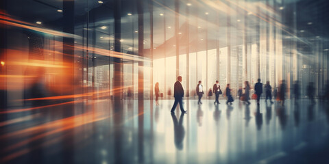 business people walking in a modern floor at a trade A crowded street with a diversity of people Long exposure view of fast movement of people in interior of society.AI Generative