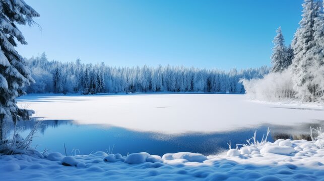 A snowy, winter wonderland with frozen lakes