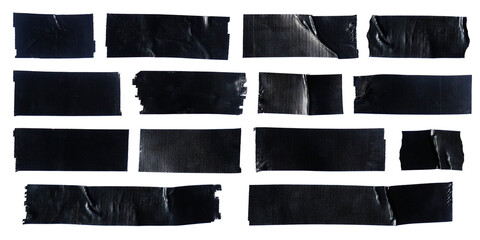 Set of different black scotch sticky tapes isolated on white background. Torn wrinkled sellotape pieces collection. - obrazy, fototapety, plakaty