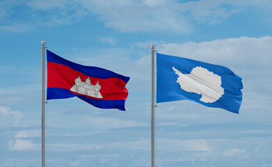 Cambodia and Antarctica flags, country relationship concept