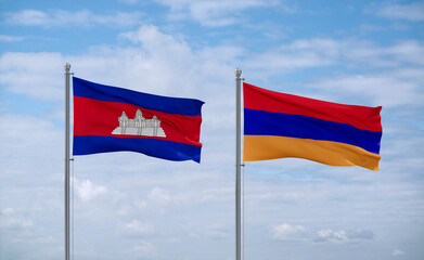 Armenia and Cambodia flags, country relationship concept