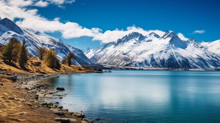 Naklejka na ściany i meble A serene lake surrounded by snow-capped peaks