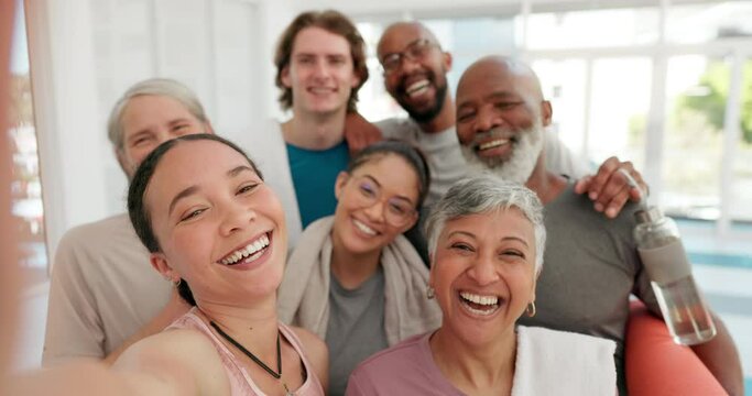 Happy people, face and selfie for yoga, photography or memory in pilates class together. Diverse group or yogi smile for photograph, picture or social media after workout, exercise or training at gym