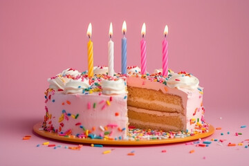 Cheerful Birthday Cake with Sprinkles, Ten Candles on Pink Background - Created with Generative AI Tools