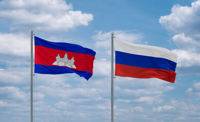 Russia and Cambodia flags, country relationship concept