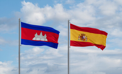 Spain and Cambodia flags, country relationship concept