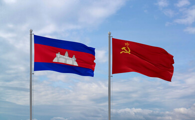 Soviet Union and Cambodia flags, country relationship concept