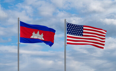 USA and Cambodia flags, country relationship concepts