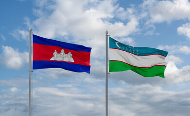 Uzbekistan and Cambodia flags, country relationship concept