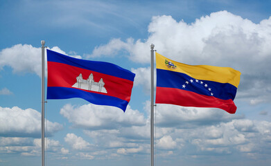 Venezuela and Cambodia flags, country relationship concept