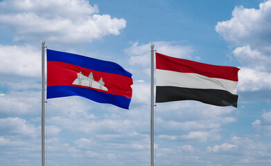 Yemen and Cambodia flags, country relationship concept