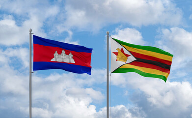 Zimbabwe and Cambodia flags, country relationship concept