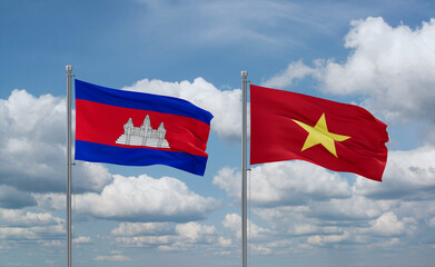 Vietnam and Cambodia flags, country relationship concept