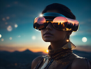 An enigmatic space voyager donned in futuristic attire and VR eyewear emerges, captivating onlookers with an air of intrigue. Generated Ai