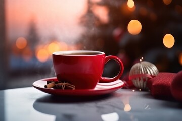 Fototapeta premium Christmas still life with mug of hot coffee or cocoa. AI Generative