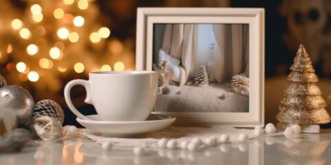 Fototapeta na wymiar Christmas still life with mug of hot coffee or cocoa. AI Generative