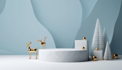 Podium with christmas decoration by deers in the style of light gray and gold. AI generated