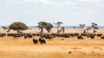 Fototapeta na wymiar A savanna with herds of wild animals roaming