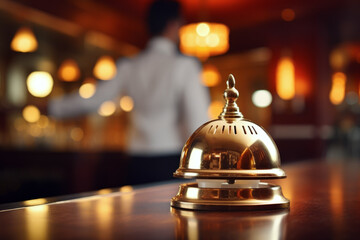 Close up of hotel service bell on modern hotel counter in background of staff working at the hotel. Travel concept of vacation and holiday. - obrazy, fototapety, plakaty