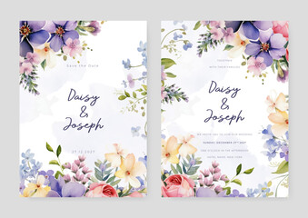 Colorful colourful cosmos elegant wedding invitation card template with watercolor floral and leaves