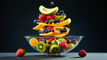 Sliced fruits levitating above a bowl