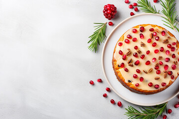 Obraz na płótnie Canvas Exquisite Traditional Christmas Cake with Glaze, Pomegranate Seeds, Cranberries, and Rosemary on Light Grey Table - Created with Generative AI Tools
