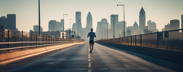 Silhouette of male runner in sportswear on empty road in evening.