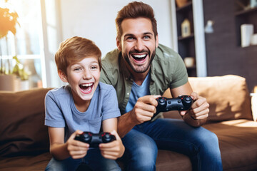Little kid and his dad playing video games sitting on the sofa in the living room.