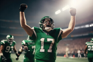 American football player in a green uniform rejoices at an abandoned ball in a stadium filled with...