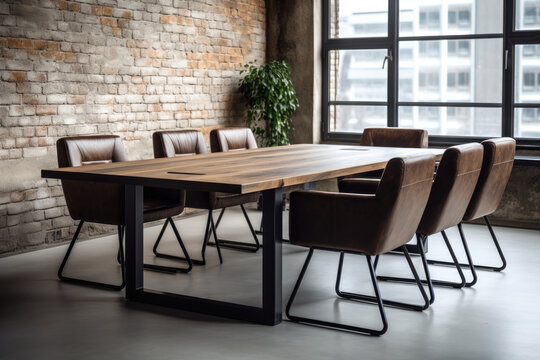 empty wooden meeting table on the background of a modern office in loft style