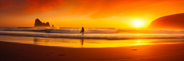 Surfer am Strand beim Sonnenaufgang. Generiert mit KI