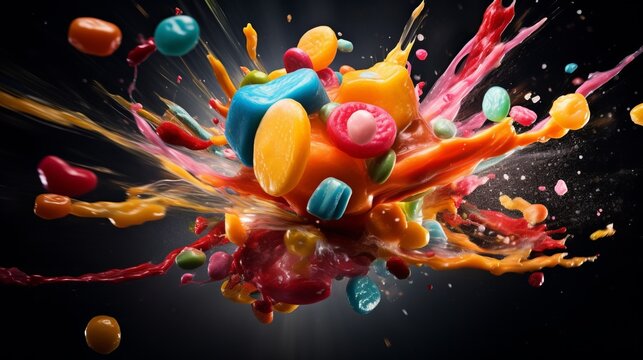 An explosion of colorful candy in motion