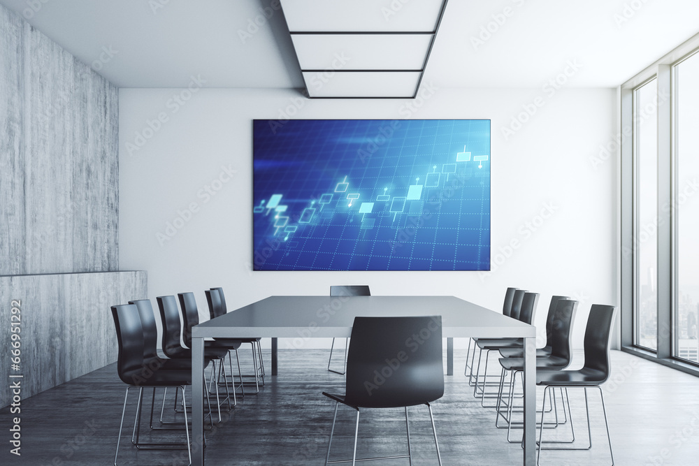 Poster abstract financial graph on tv display in a modern presentation room, financial and trading concept.