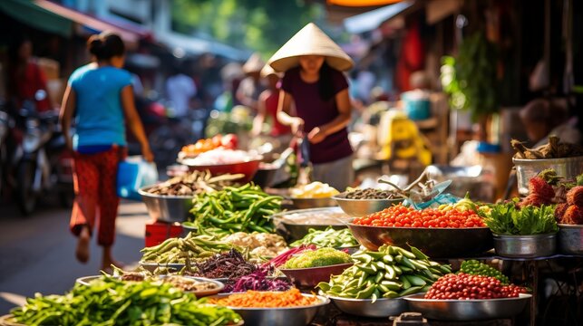 A vibrant street market scene with a diverse array of global cuisine