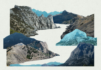 Beautiful mountained place for chill. Layered illustration of fast river bend. Cut out fragments in framed collage.
