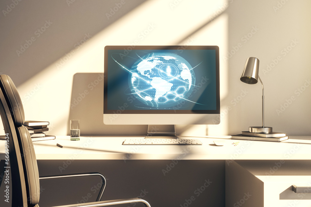 Poster Social network media concept with world map on modern computer monitor. 3D Rendering