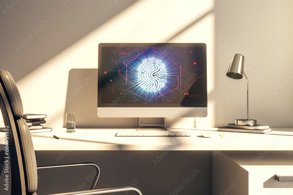 Poster Abstract creative fingerprint hologram on modern computer monitor, protection of personal information concept. 3D Rendering