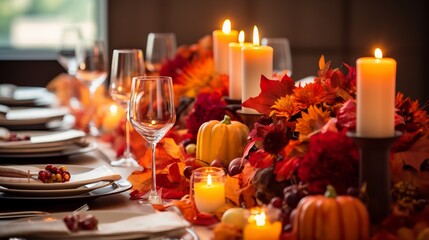 Fototapeta na wymiar A Thanksgiving table adorned with autumn leaves and candles
