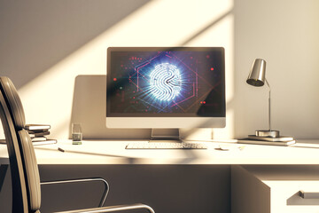 Abstract creative fingerprint hologram on modern computer monitor, protection of personal information concept. 3D Rendering