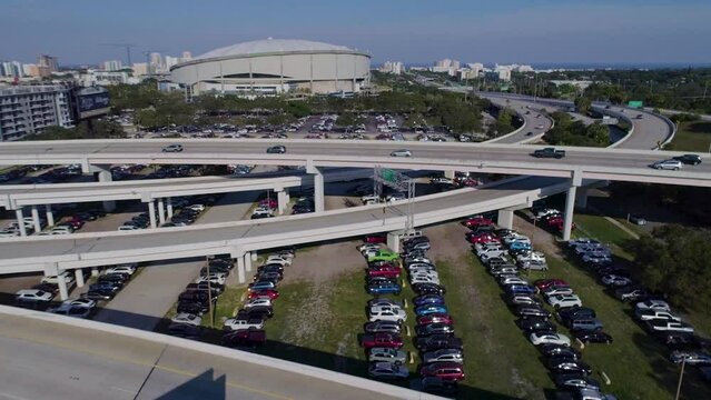 4K Aerial Drone Video (Rising Pedestal Shot) of Tropicana Field next to Interstate 275 in Downtown St. Petersburg, FL during Tampa Bay Rays MLB Playoff Game