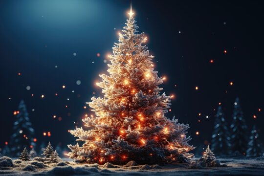 A background image featuring an illuminated Christmas tree with a blurred forest in the background, creating a cozy and festive holiday setting. Photorealistic illustration