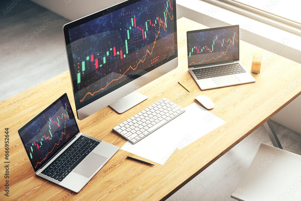 Poster modern computer display with abstract financial graph with world map, financial and trading concept.