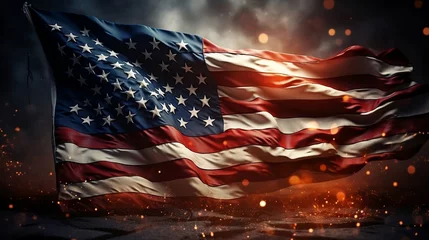 Fotobehang colorful fireworks with USA flag background, independence day celebration © mariiaplo