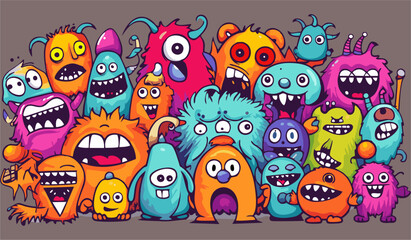 Colorful Pattern with Cute Funny Monster Characters. - obrazy, fototapety, plakaty